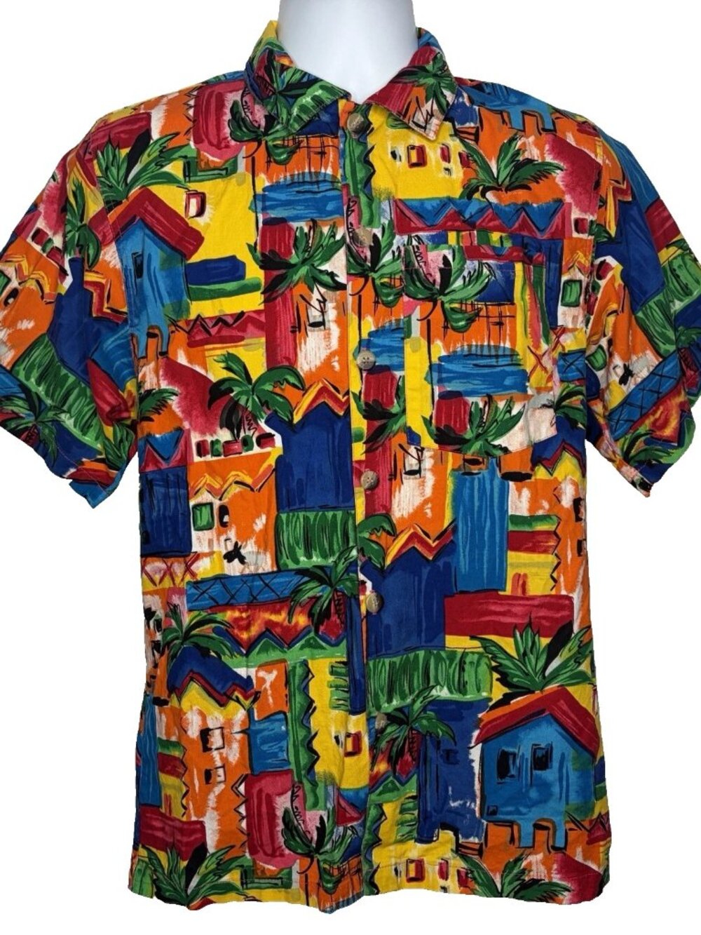 Vintage 80s Fast Lane Hawaiian Shirt Sz S Abstract Colorful Palm Trees Tropical